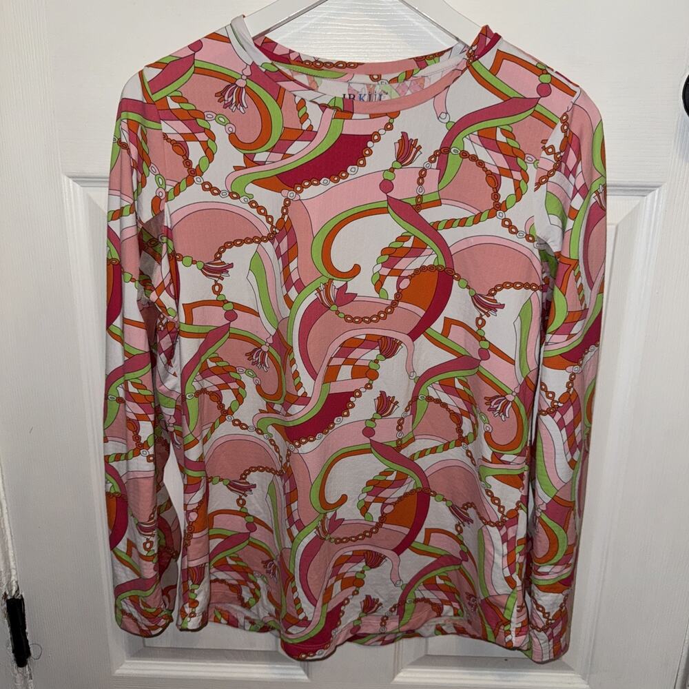 IBKUL Women’s Equestrian Print Multi Color Long Sleeve Crew Size L Golf